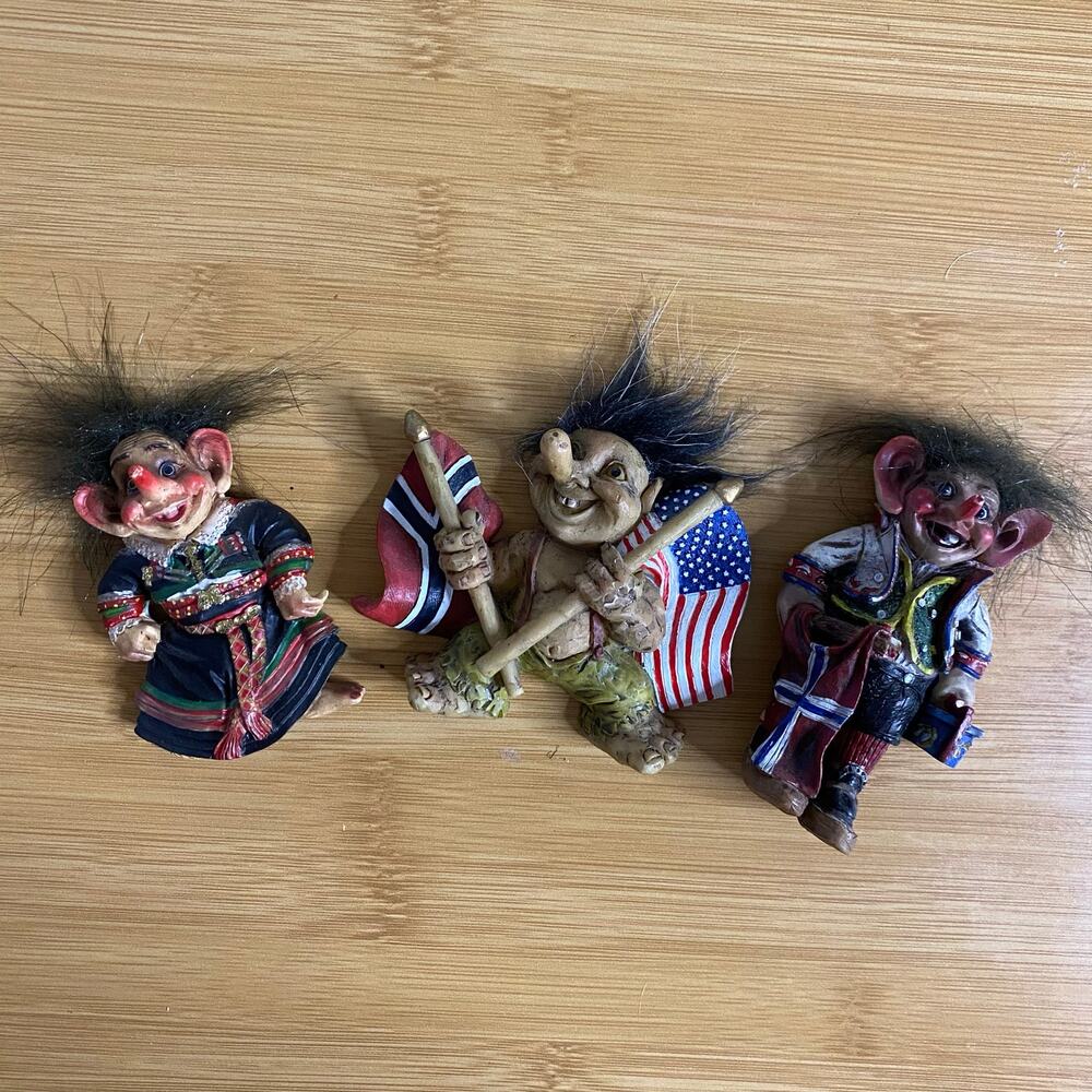 Set of 3 Way Nor A/S Norwegian 3.5" Tall Troll Magnet Souvenirs Fuzzy Hair